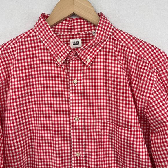 UNIQLO Shirt Mens L Gingham Check Button Up Long Sleeve Woven Cotton Red - Picture 5 of 15